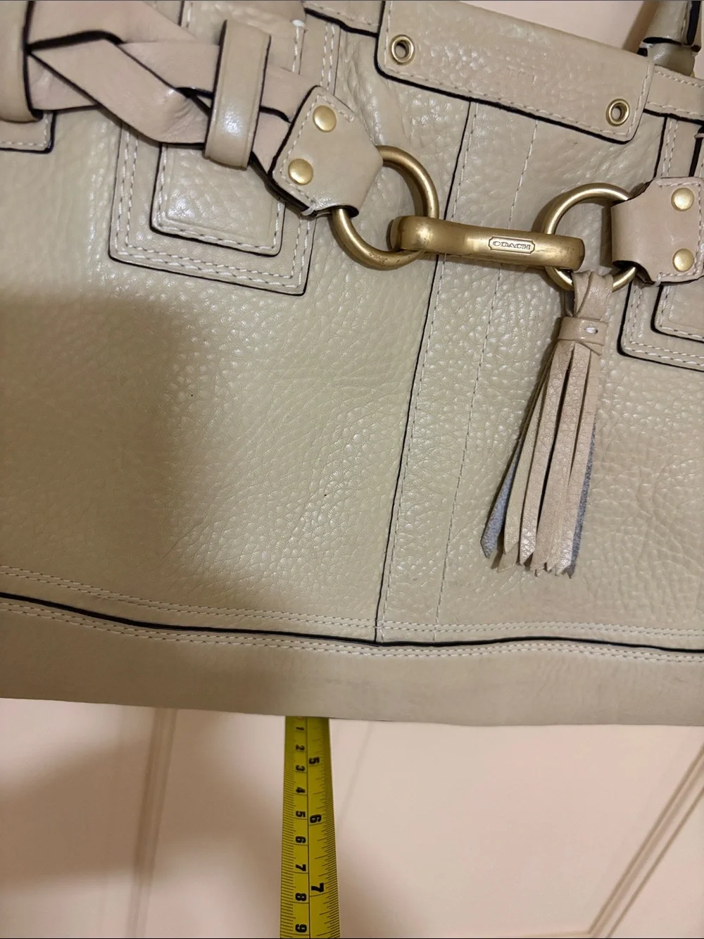 Coach Cream Leather Shoulder Tote with Braided Trim and Tassel